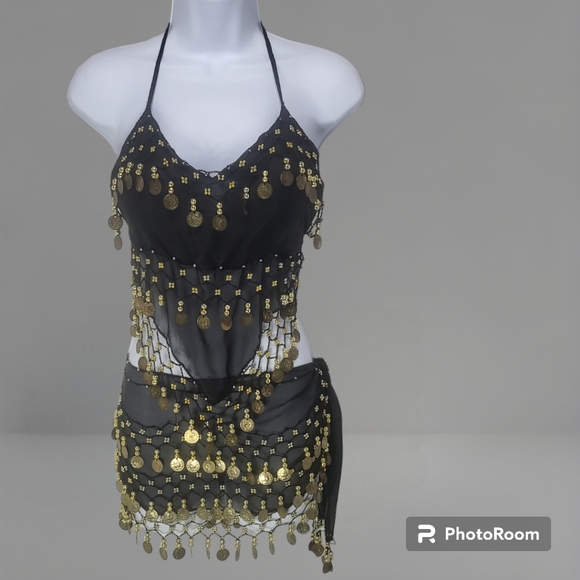 2-Piece Sexy Bellydancing Arabian Costume Set-Black with Gold Coins - Picture 4 of 10